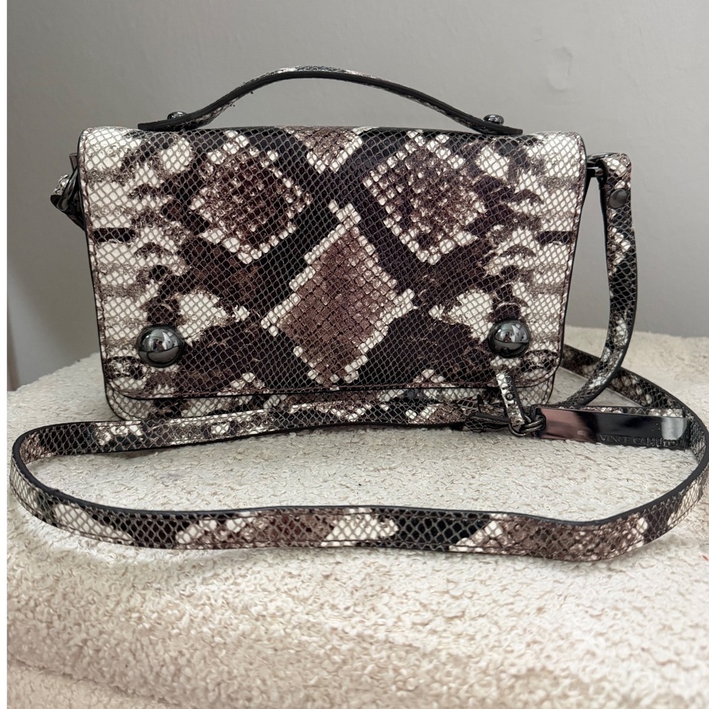 Vince Camuto Snakeskin Embossed Crossbody Bag Metallic Brown Grey Quiet Luxury